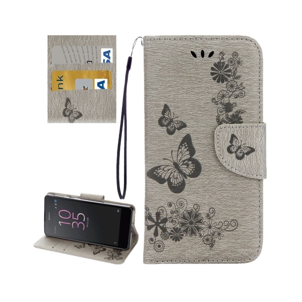 Wewoo - Housse Étui gris pour Sony Xperia E5 Papillons Gaufrage en cuir Flip horizontale avec support et Slots de cartes Portefeuille & Longe - Coque, étui smartphone
