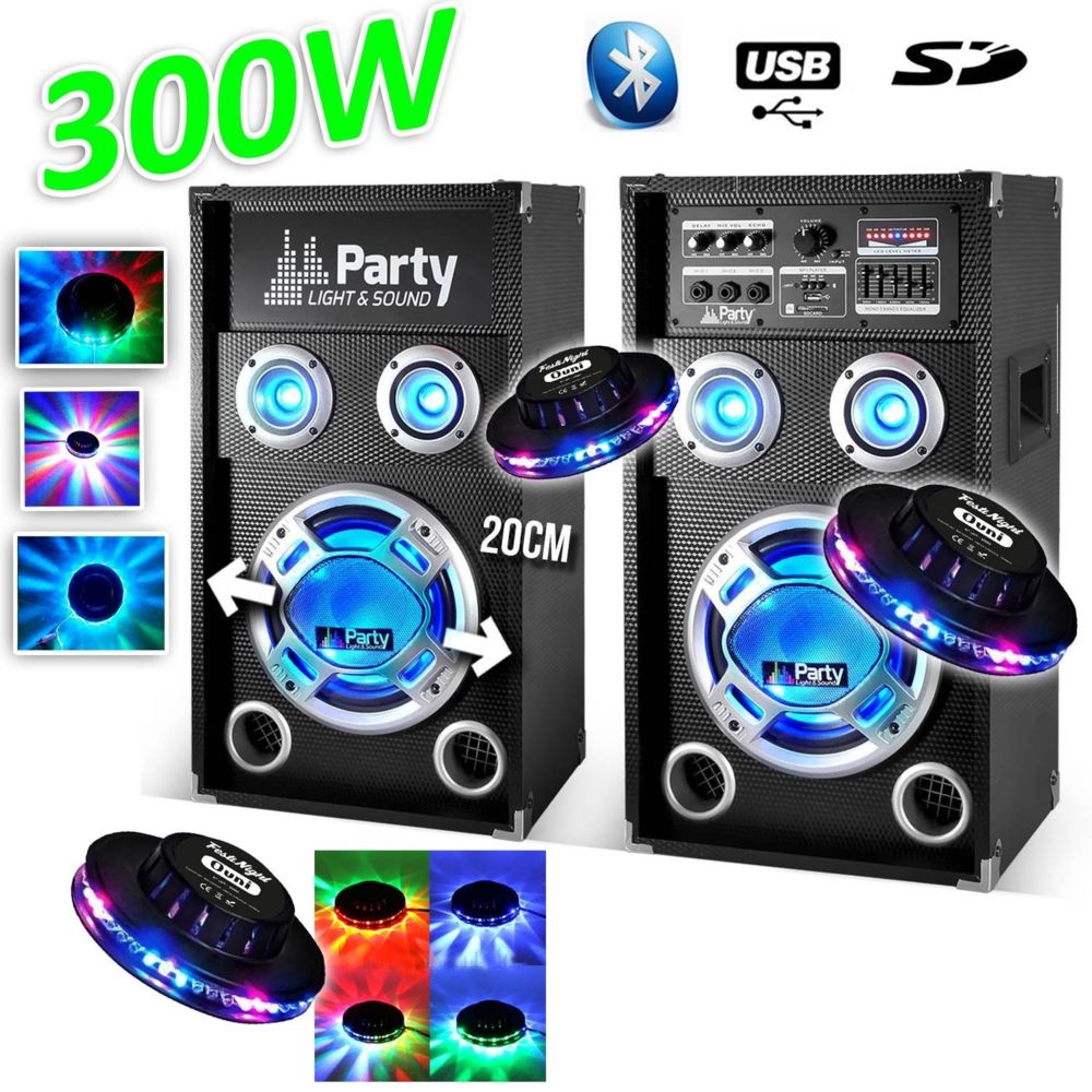 Party Sound - Pack Karaoké 2 Enceintes à LEDs 8""/20cm 300W Bluetooth/USB/SD - PARTYSOUND KARAOKE + 3 Effets OVNI RVB - Packs sonorisation