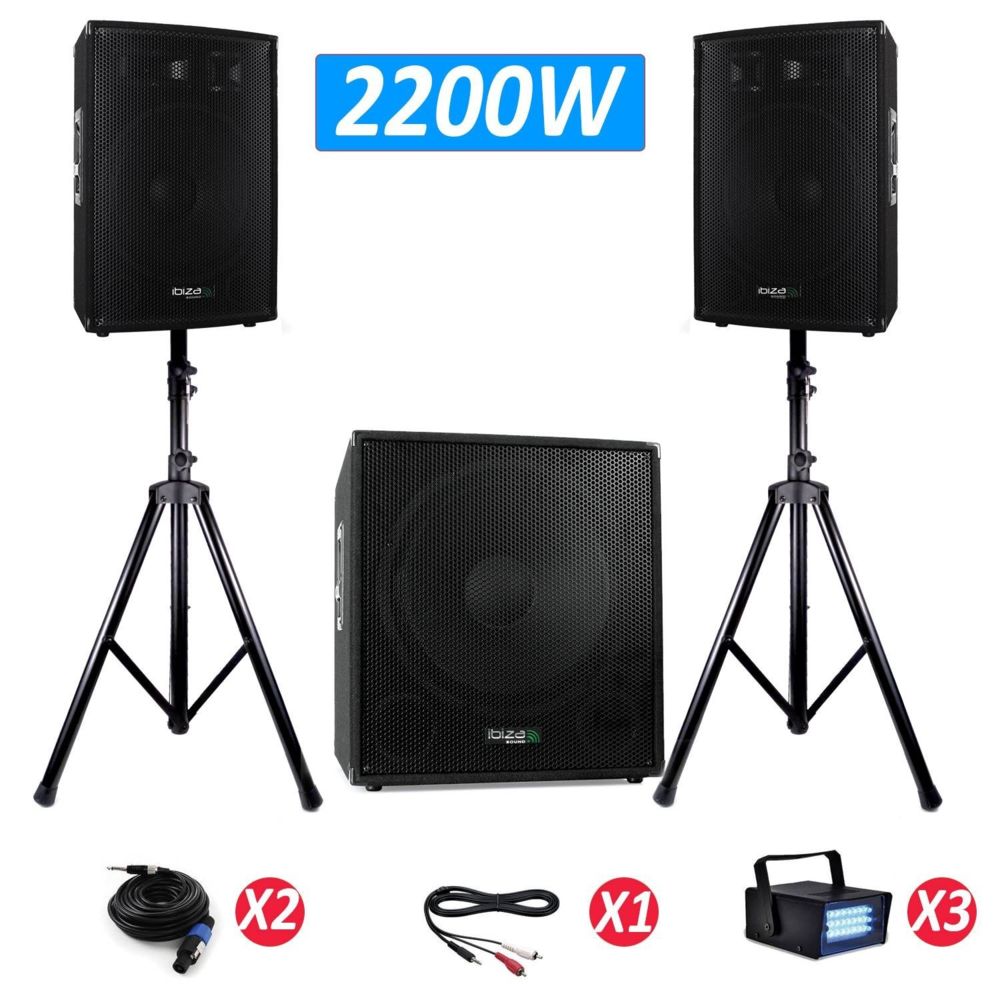 Ibiza Sound - Pack 1515 Sonorisation 2200W Caisson bi-amplifié Enceintes + PIEDS + CABLES + 3 LEDSTROBE - Packs sonorisation
