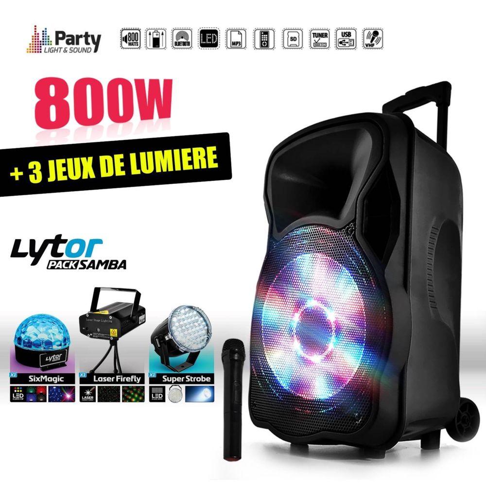 Party Light & Sound - Enceinte mobile active 800W 15"" LED/USB/BT/SD/FM + Micro + 3 jeux de lumière LytOr - Retours de scène