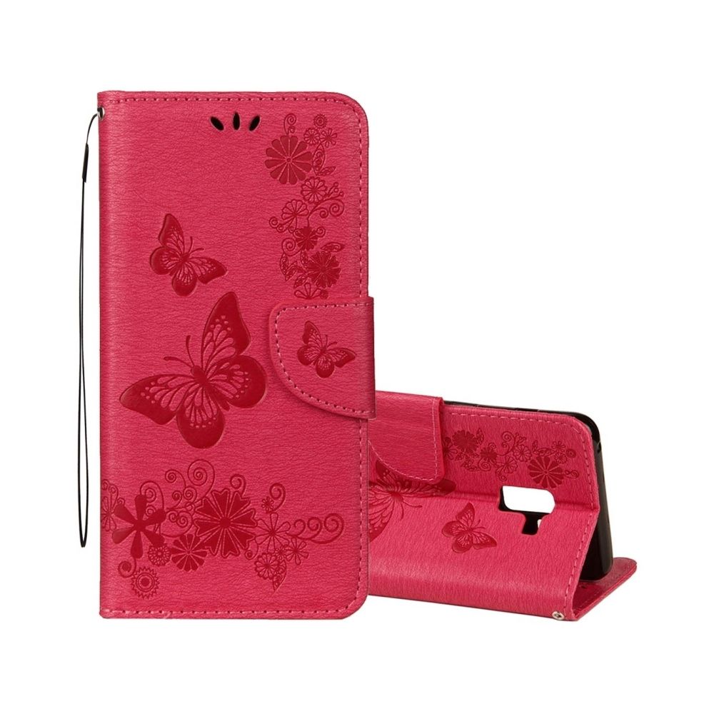 Wewoo - Housse Étui rouge pour Samsung Galaxy A8 + 2018 Vintage en relief Floral papillon motif horizontal Flip en cuir avec fente carte et titulaire portefeuille lanière - Coque, étui smartphone