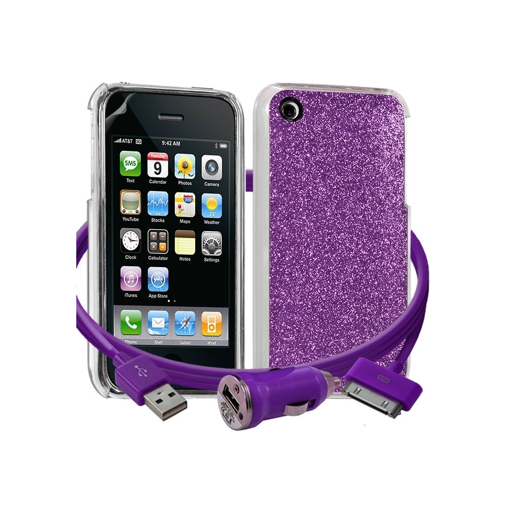 Karylax - Housse Etui Coque Paillette violet pour Apple iPhone 3G/3GS + chargeur auto + film - Support téléphone pour voiture