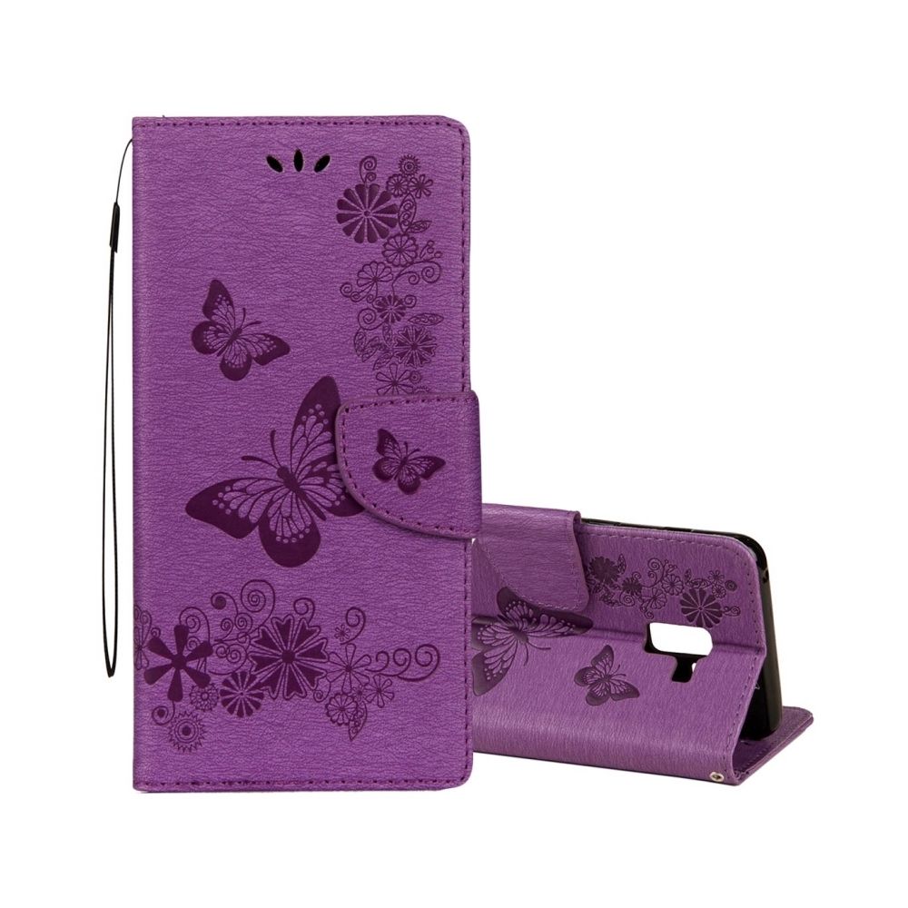 Wewoo - Housse Étui Violet pour Samsung Galaxy A8 2018 Vintage motif de papillon floral gaufré flip horizontal en cuir avec fente carte et titulaire portefeuille lanière - Coque, étui smartphone