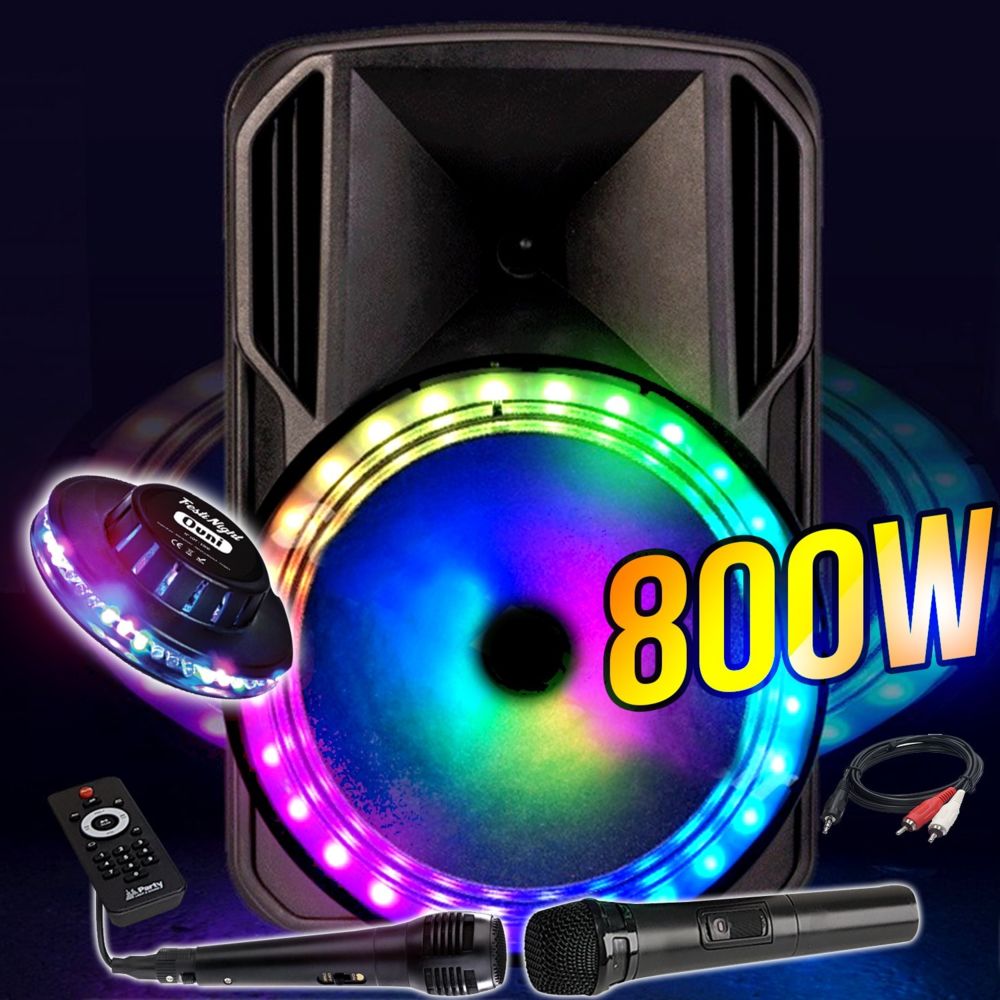 Party Sound - Haut-parleur sono DJ PARTY KARAOKE 800W Batterie Disco Mobile 15"" à LED RGB USB/MICRO SD/Bluetooth / RADIO FM + 2 micros + OVNI - Packs sonorisation