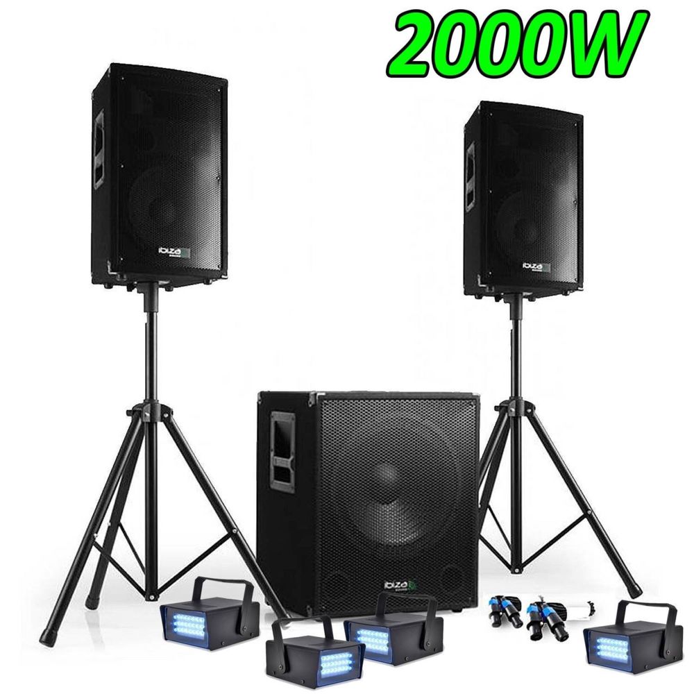 Ibiza Sound - PACK SONO DJ 2000W CUBE 1512 avec CAISSON + ENCENTES + PIEDS + CABLES + 4 Strobes - Packs sonorisation