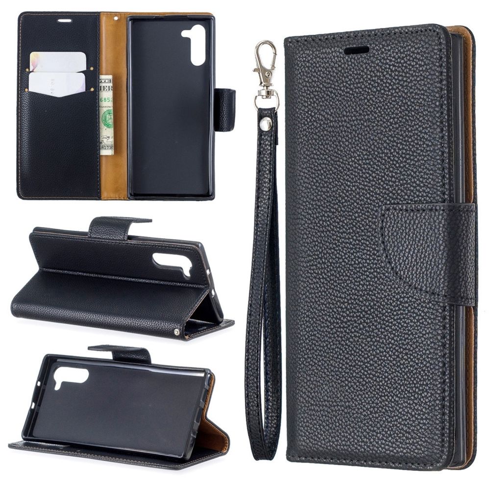 Wewoo - Housse Étui Coque en cuir PU à texture pure de couleur litchi avec porte-cartes et portefeuille & lanière pour Galaxy Note10 noir - Coque, étui smartphone
