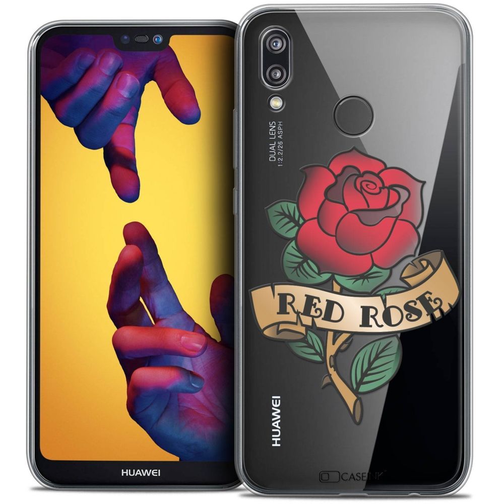 Caseink - Coque Housse Etui Huawei P20 LITE (5.84 ) [Crystal Gel HD Collection Tatoo Lover Design Red Rose - Souple - Ultra Fin - Imprimé en France] - Coque, étui smartphone