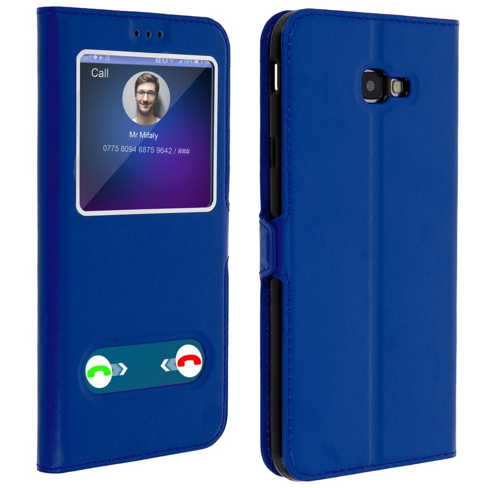 Avizar - Etui Samsung Galaxy J4 Plus Housse Folio Double Fenêtre Fonction Support Bleu - Coque, étui smartphone