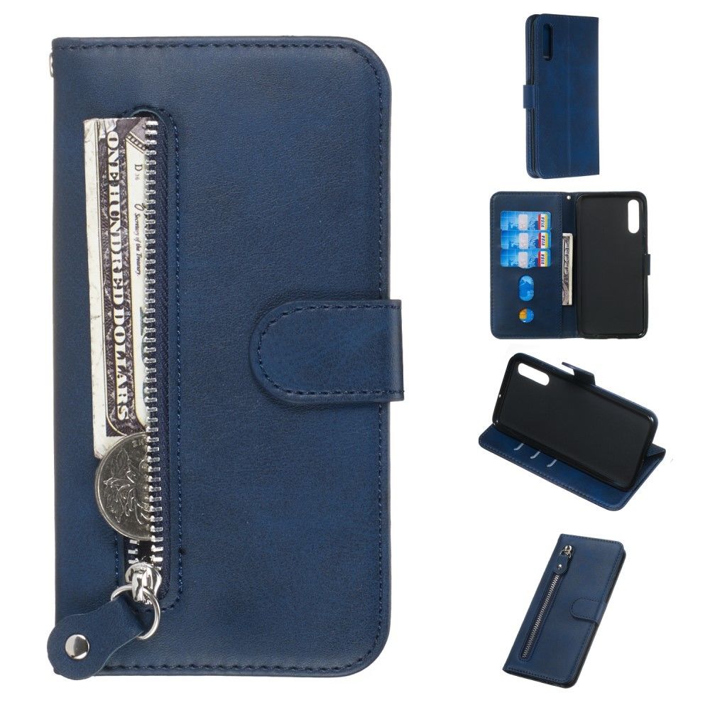 marque generique - Etui en PU poche à fermeture éclair avec support bleu pour votre Samsung Galaxy A50 - Coque, étui smartphone