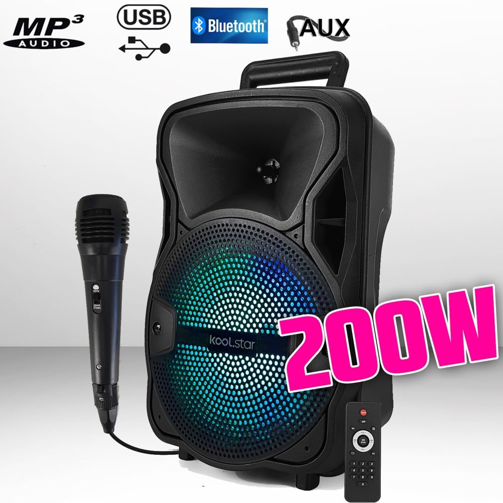 Koolstar - Enceinte à LED SONO DJ Karaoke autonome Mobile sur Batterie 8"" - 200W - USB/Bluetooth/SD/PC + Micro + Télécommande - Packs sonorisation