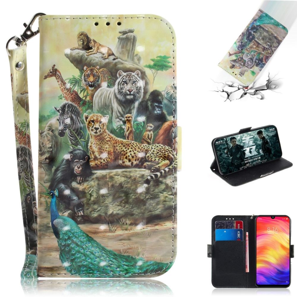 Wewoo - Coque Fashion Étui en cuir à rabat avec dessin couleur 3D porte-cartes et fentes pour cartes et portefeuille Redmi Note 7 Zoo - Coque, étui smartphone