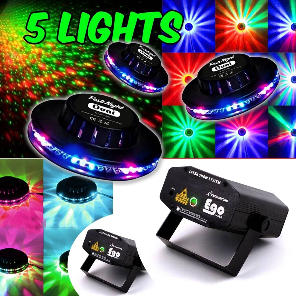 Lytor - PARTY NIGHT 5 Effets FestiNight 3 OVNI LED RVB + 2 Las jeux de lumières EGO Rouge/Vert - Packs soirée lumière