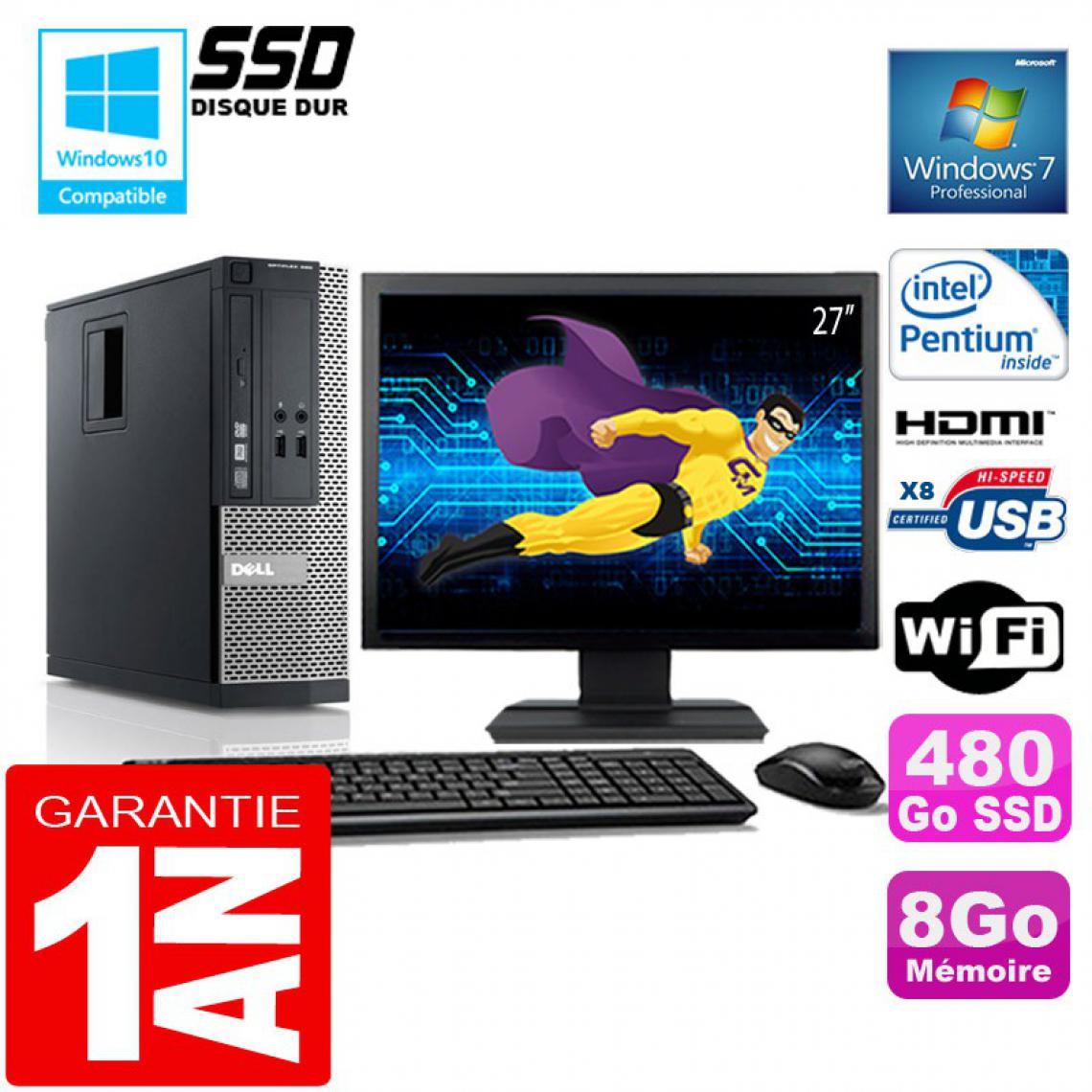 Dell - PC DELL 390 SFF Intel G630 Ram 8Go Disque 480 Go SSD Wifi W7 Ecran 27" - PC Fixe