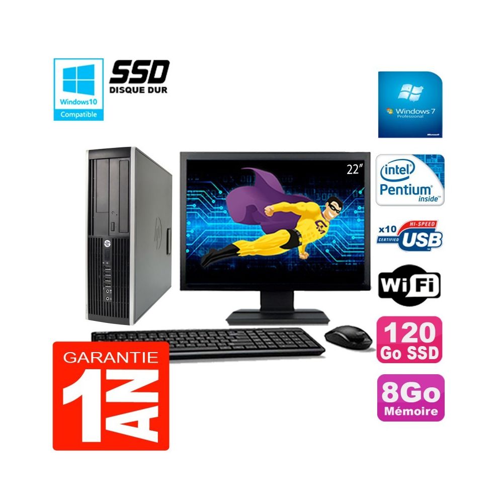 Hp - PC HP Compaq 8200 SFF Ecran 22"" Intel G630 RAM 8Go Disque 120 Go SSD Wifi W7 - PC Fixe