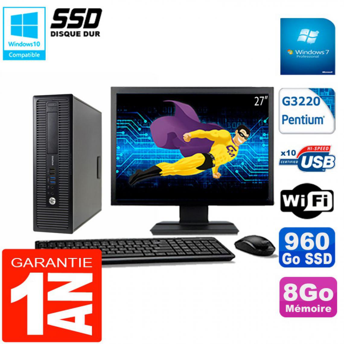 Hp - PC HP EliteDesk 800 G1 SFF Ecran 27" Intel G3220 8Go Disque 960 Go SSD Wifi W7 - PC Fixe