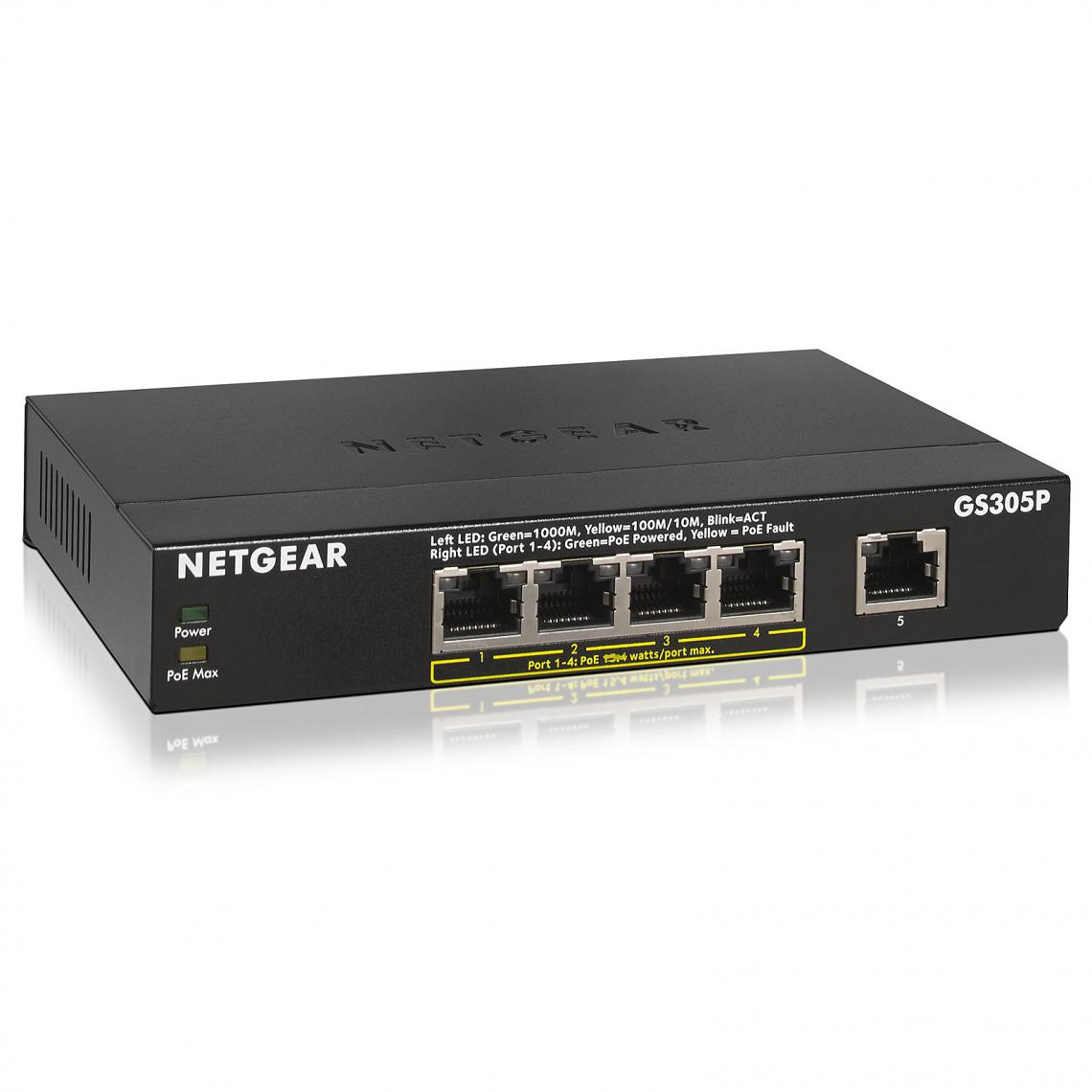 Netgear - GS305P 5-Port Gigabit PoE GS305P 5-Port Gigabit PoE Unmanaged Switch with 4 PoE ports desktop metal housing fanless PoE budget 63W - Switch