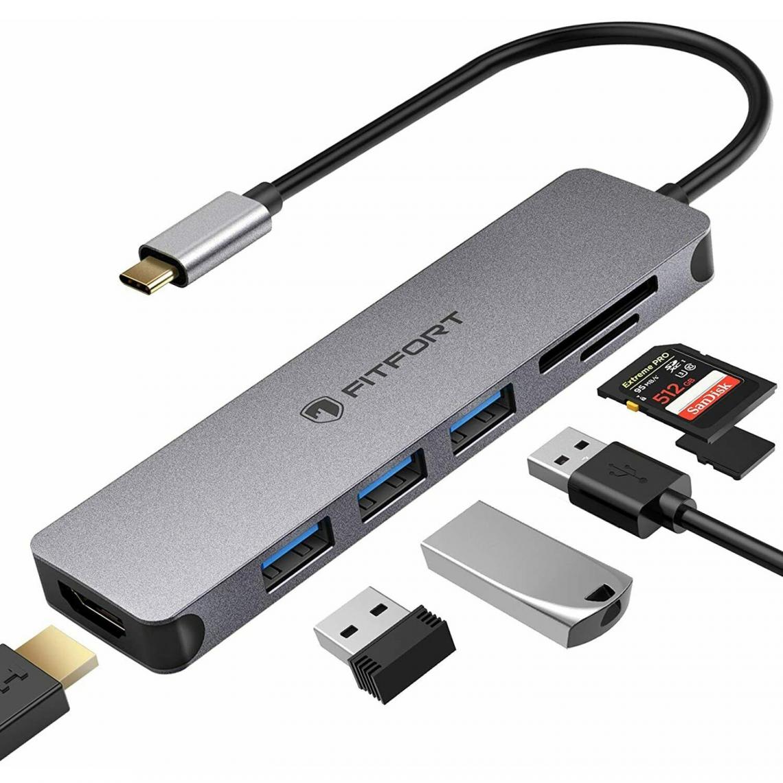 FITFORT - FITFORT UCN-3281 Hub USB Type-C 7 en 1 en Aluminium pour Portable avec Ports 4K HDMI, 3 X USB 3.0, Lecteur de Carte SD / Micro - Hub