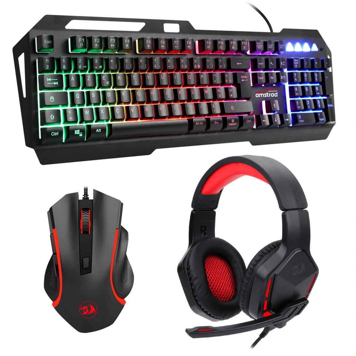 Redragon - Pack Gamer: Clavier Amstrad KEY007 + Souris Redragon NOTHOSAUR (M606) 6 boutons, 3200 DPI + Casque THEMIS (H220) - Pack Clavier Souris