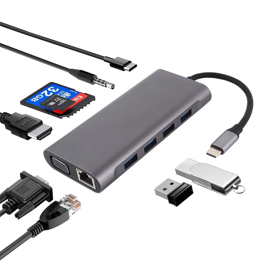 Wewoo - HUB 11 en 1 VGA + port LAN + 4 x USB 3.0 + carte SD / TF + HDMI + port audio + Adaptateur USB-C / Type-C femelle vers USB-C / Type-C Gris foncé - Hub
