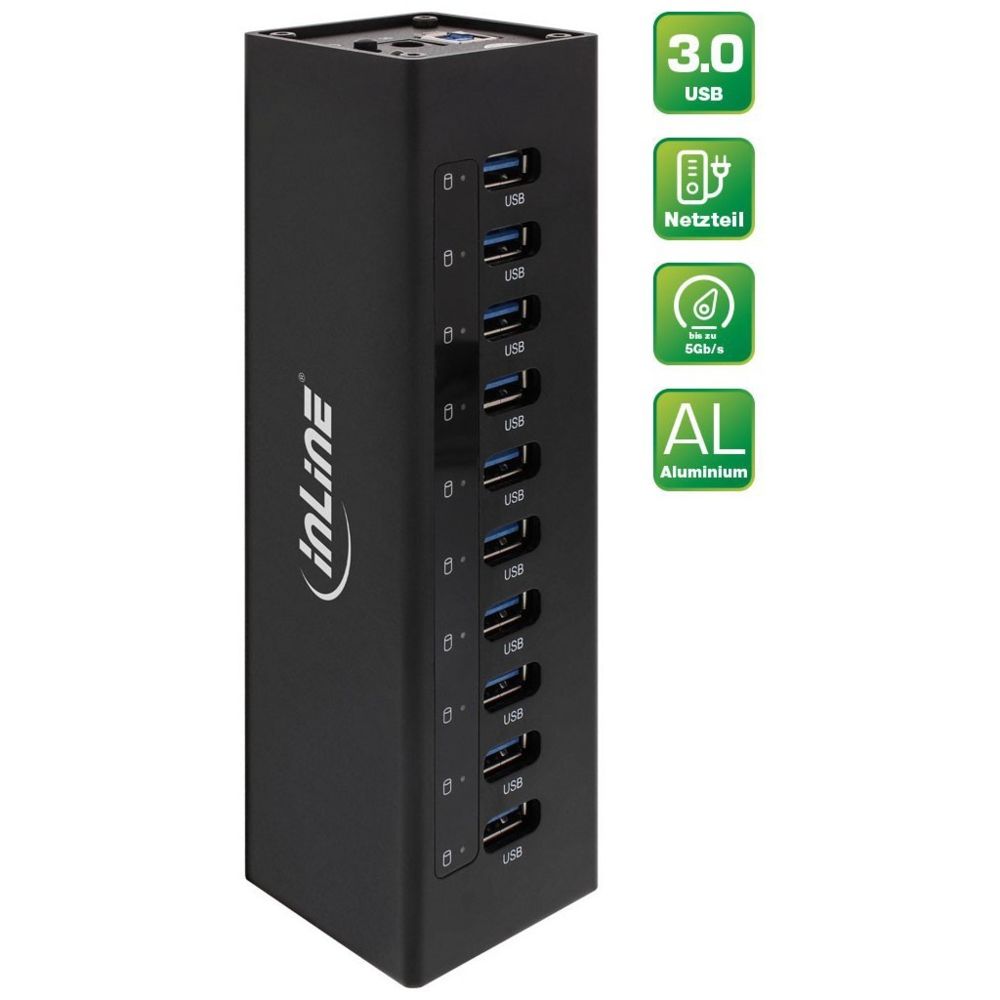 Inline - Boîtier en aluminium à 10 ports pour hub InLine® USB 3.0 avec alimentation 4A noir - Hub