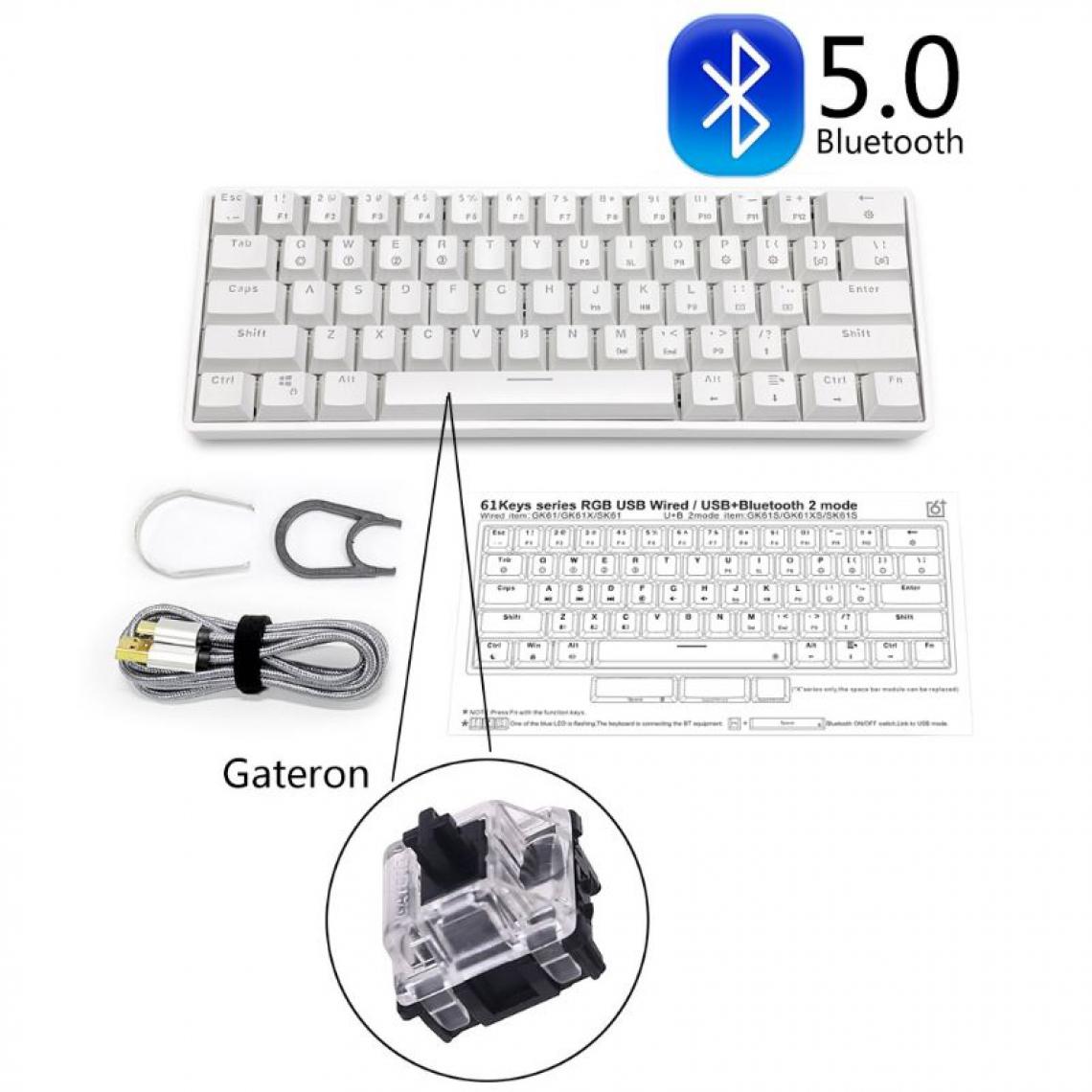 Generic - Clavier Mécanique USB Filaire SK61 ,  Connecté Bluetooth 5.0 LED Rétroéclairé avec 61 Touches et Switches Noir Pour Ordinateur De Bureau/ Portable 11.5 * 4.05 * 1.57 inch - Blanc  - Clavier