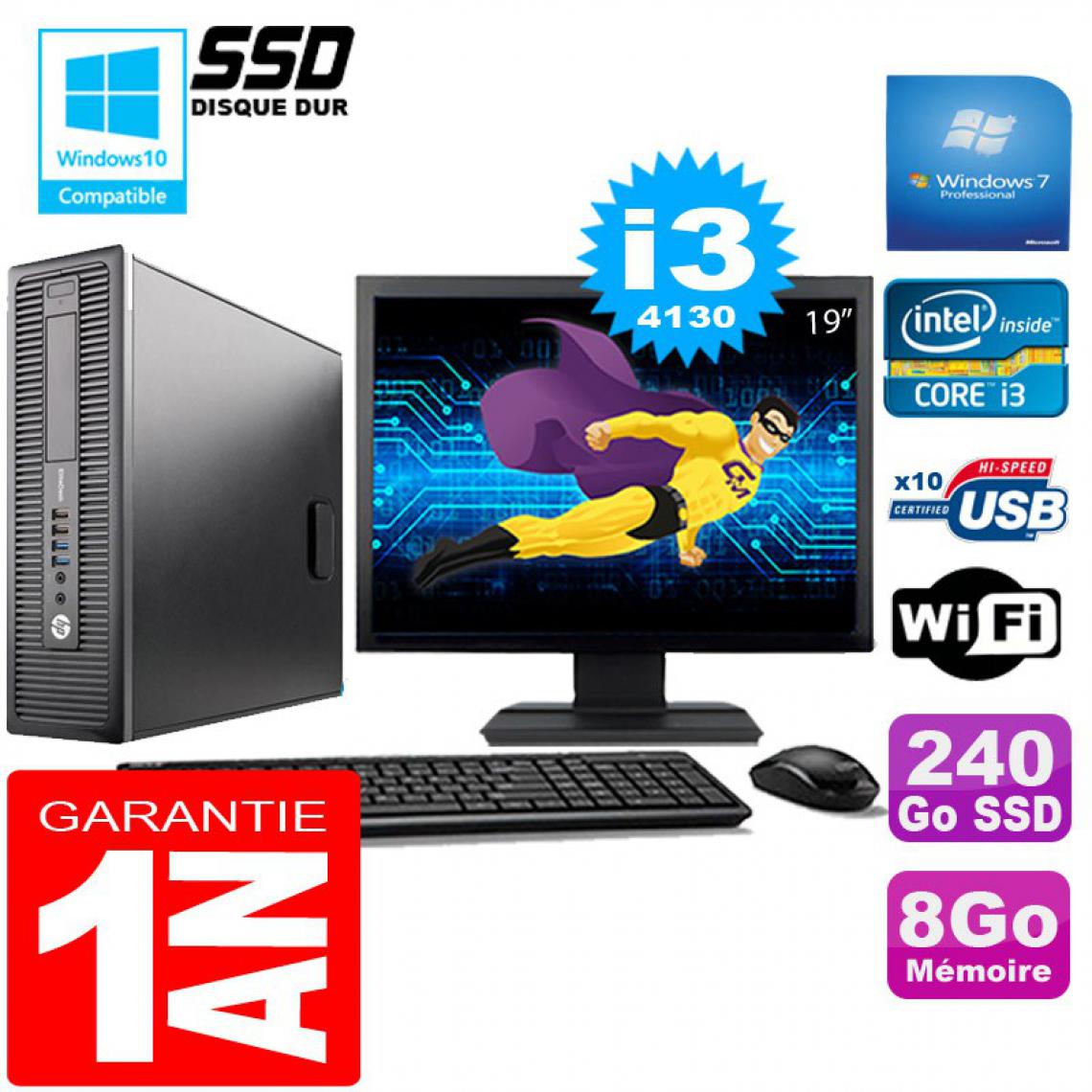 Hp - PC HP EliteDesk 800 G1 SFF Core I3-4130 8Go Disque 240 Go SSD Wifi W7 Ecran 19" - PC Fixe