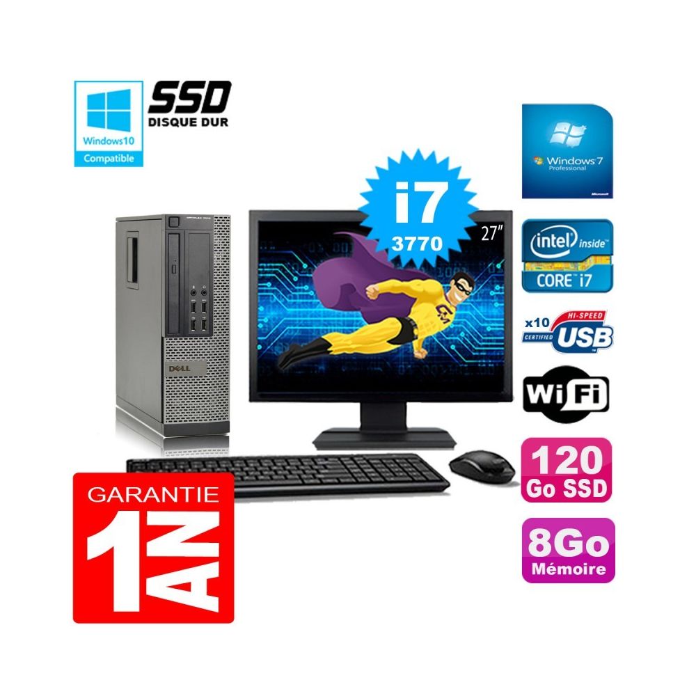 Dell - PC DELL 7010 SFF Core I7-3770 Ram 8Go Disque 120Go SSD Graveur Wifi W7 Ecran 27"" - PC Fixe