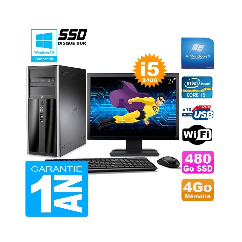 Hp - PC Tour HP Compaq 8200 Core I5-2400 Ram 4Go Disque 480Go SSD Wifi W7 Ecran 27"" - PC Fixe