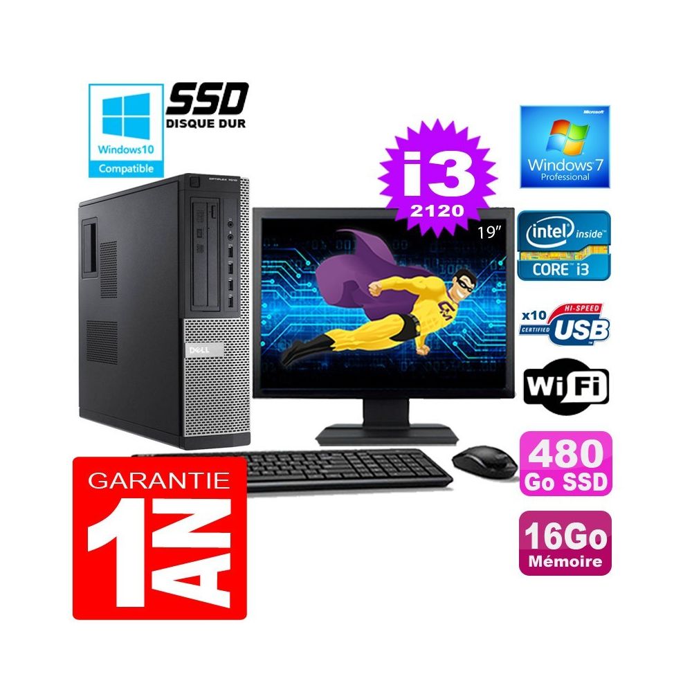 Dell - PC DELL 7010 DT Core I3-2120 Ram 16Go Disque 480 Go SSD Wifi W7 Ecran 19"" - PC Fixe