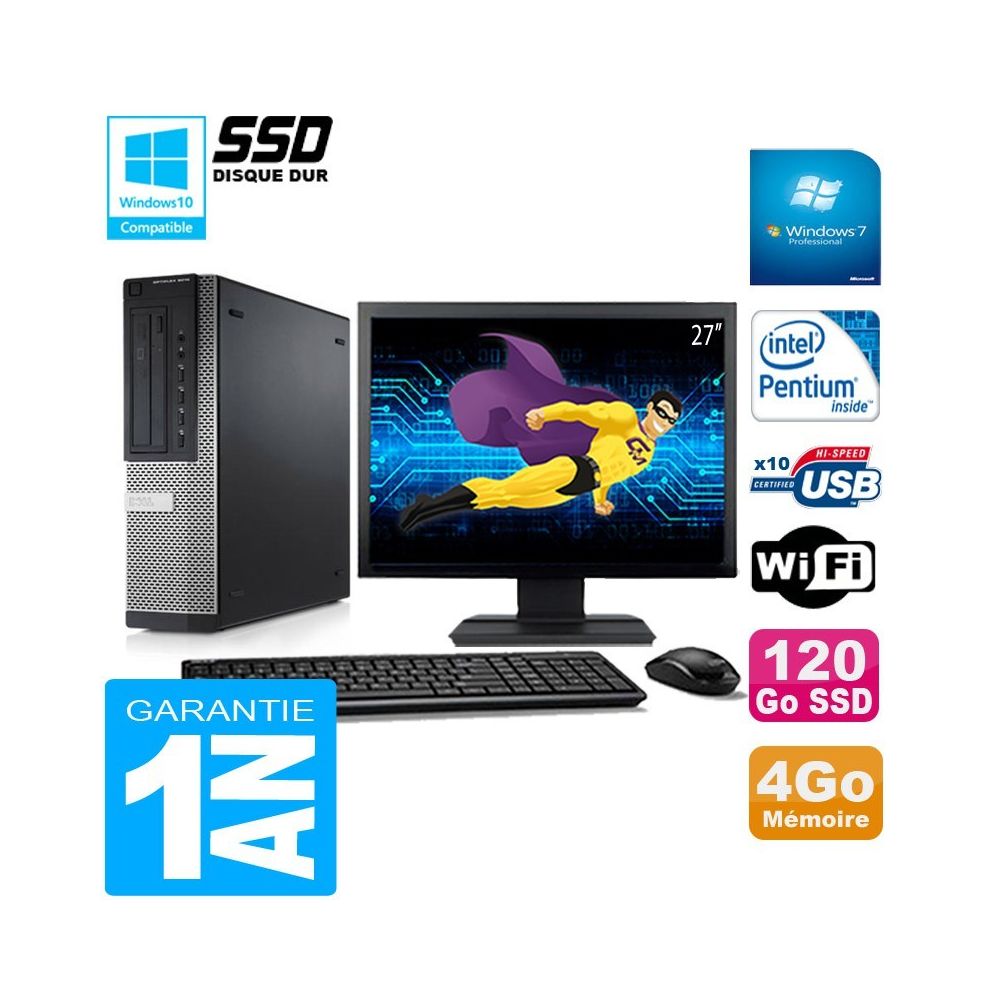 Dell - PC DELL 7010 DT Intel G840 Ram 4Go Disque 120Go SSD Wifi W7 Ecran 27"" - PC Fixe