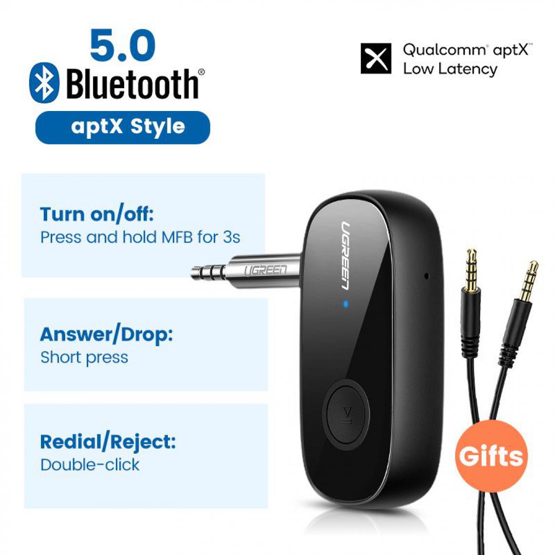 Generic - Adaptateur Audio Portable Cm 279 ,  sans fil pour voiture, récepteur Bluetooth 5.0 aptX LL, 3.5mm, Aux, avec Microphone - Noir  - Clé USB Wifi