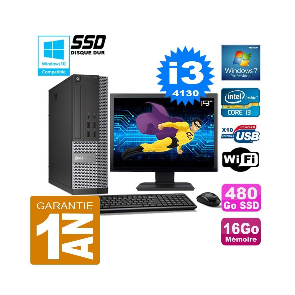 Dell - PC DELL 7020 SFF Core I3-4130 Ram 16Go Disque 480 Go SSD Wifi W7 Ecran 19"""" - PC Fixe