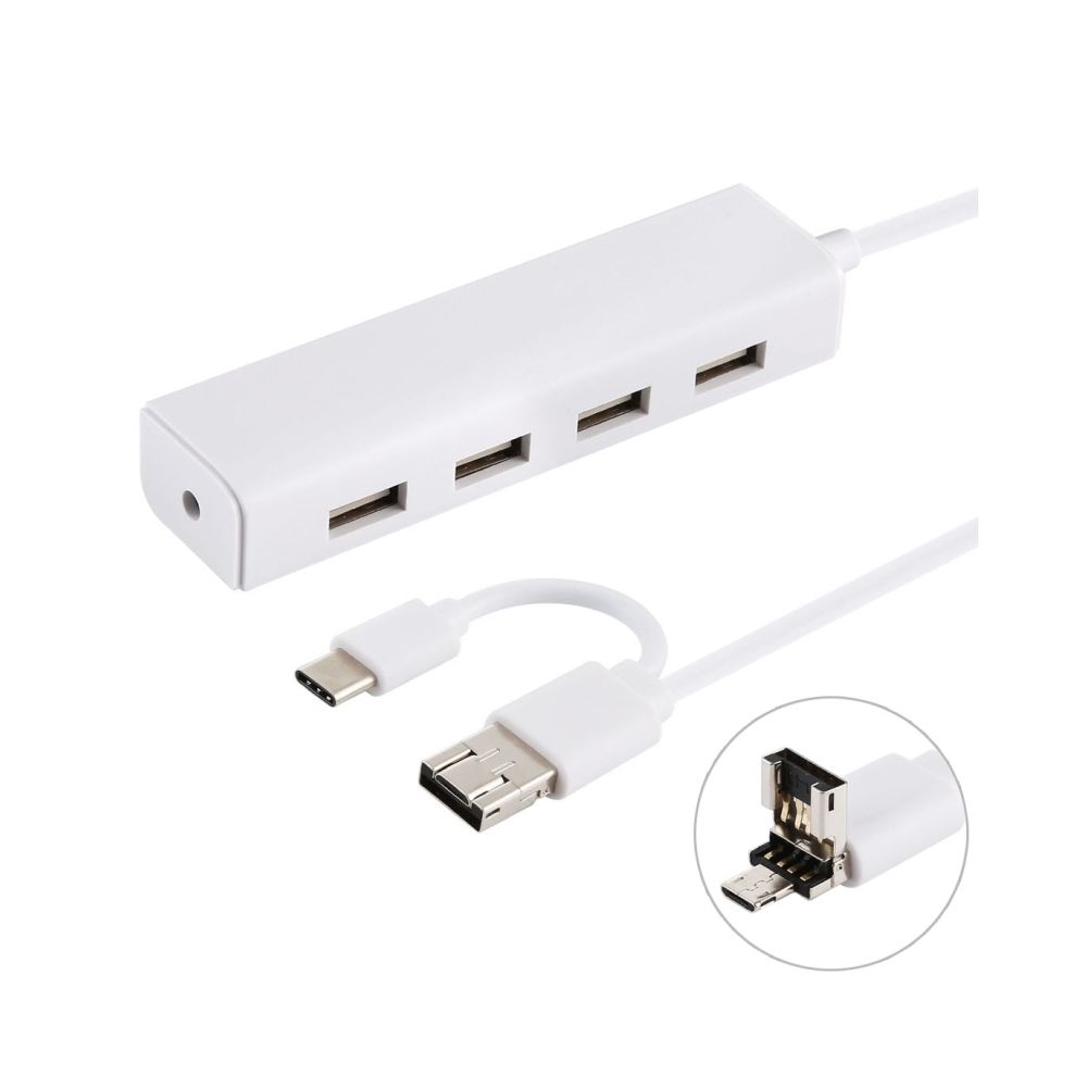 Wewoo - 3 en 1 USB-C / Type C + Micro USB + 4 x Convertisseur de concentrateur USB 2.0, Longueur du câble: 12 cm (Blanc) - Hub