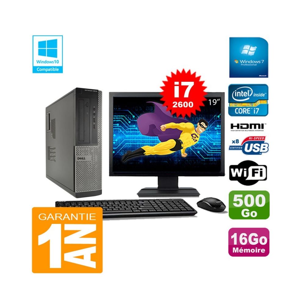 Dell - PC DELL 3010 DT Core I7-2600 Ram 16Go Disque 500 Go Wifi W7 Ecran 19"""" - PC Fixe