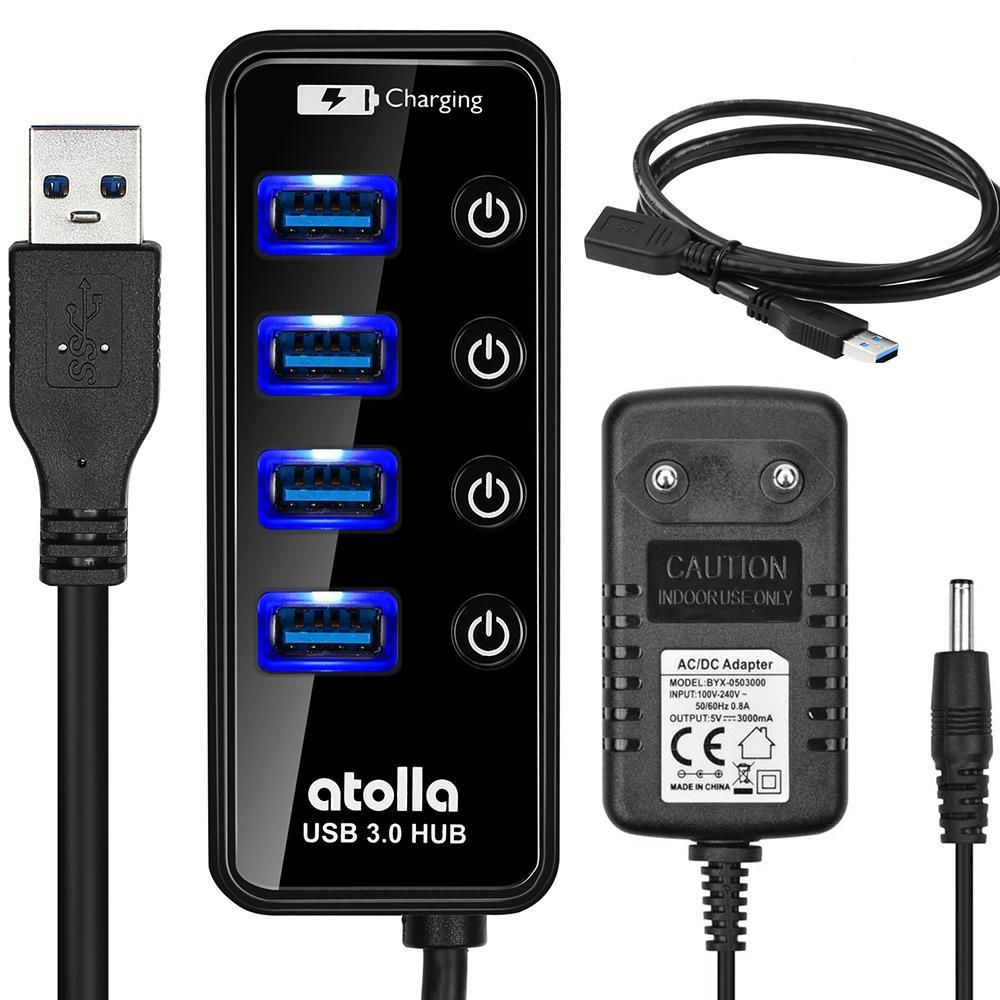 Atolla - Atolla SuperSpeed ââUSB 3.0 Concentrateur USB multifonction à 4 ports avec hub USB-C - Taux de transfert jusqu'à 5 Gbit / s Adaptateur secteur 5V / 3A - Câble USB (204-K) - Hub