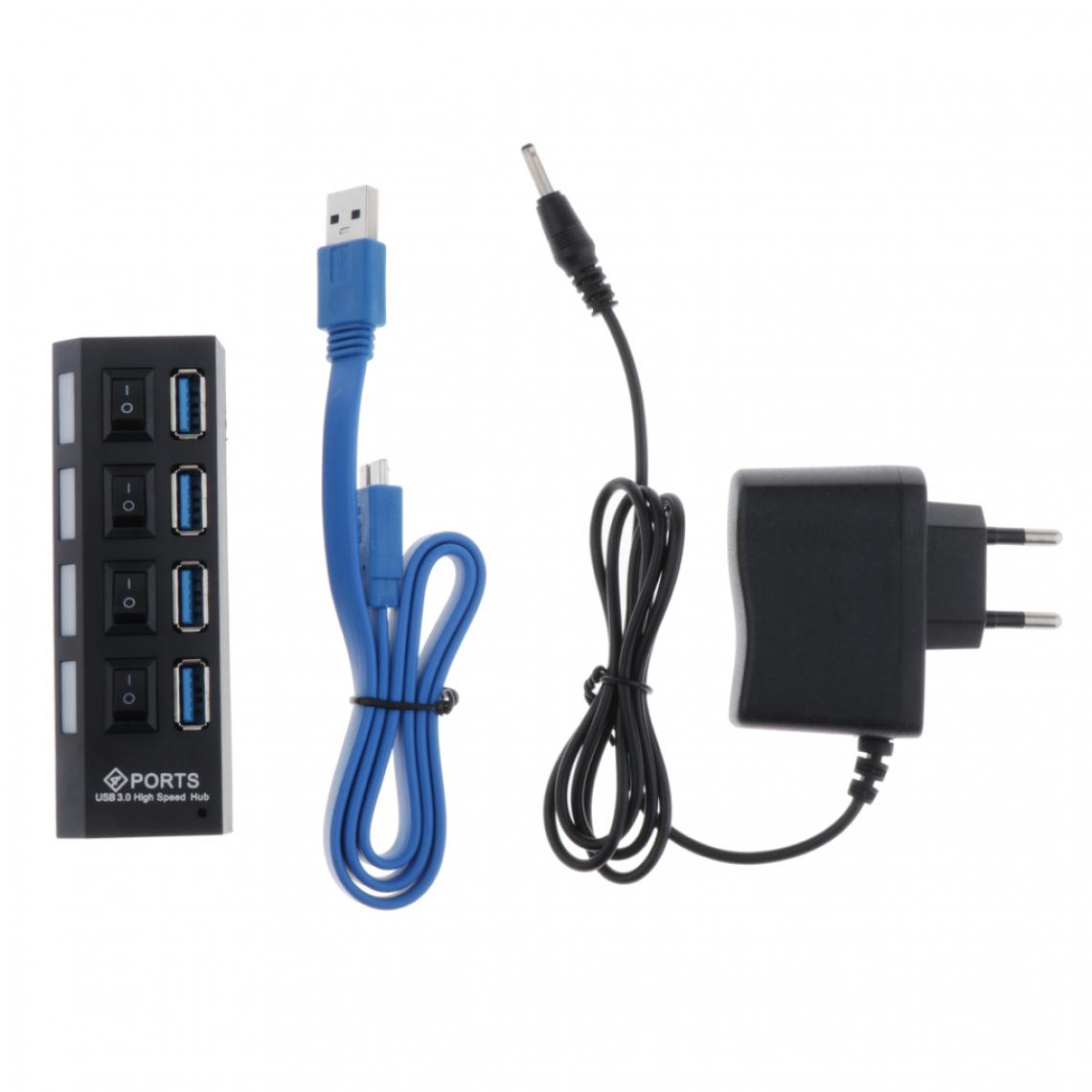 marque generique - Commutateurs Hub USB 3.0 4 Ports + Câble Adaptateur Secteur Pour Ordinateur Portable PC Noir - Hub