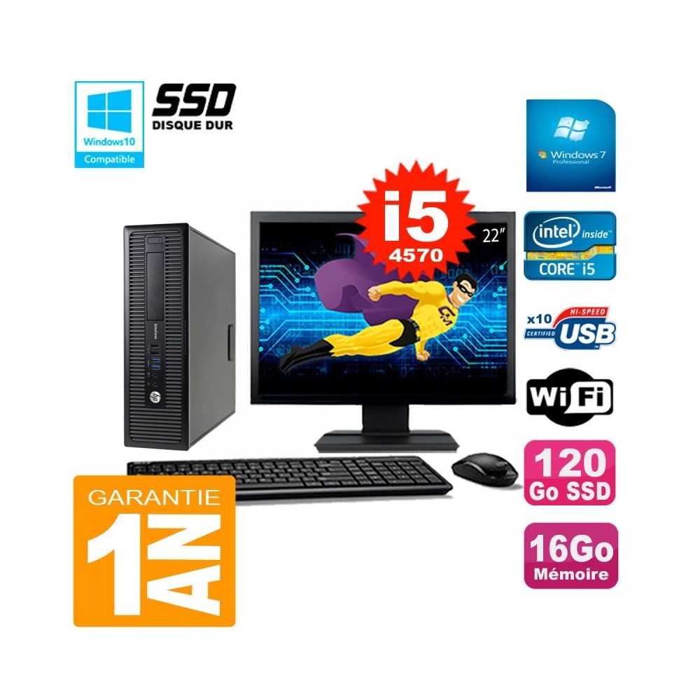 Hp - PC HP EliteDesk 800 G1 SFF Ecran 22"" Core I5-4570 16Go Disque 120 Go SSD Wifi W7 - PC Fixe