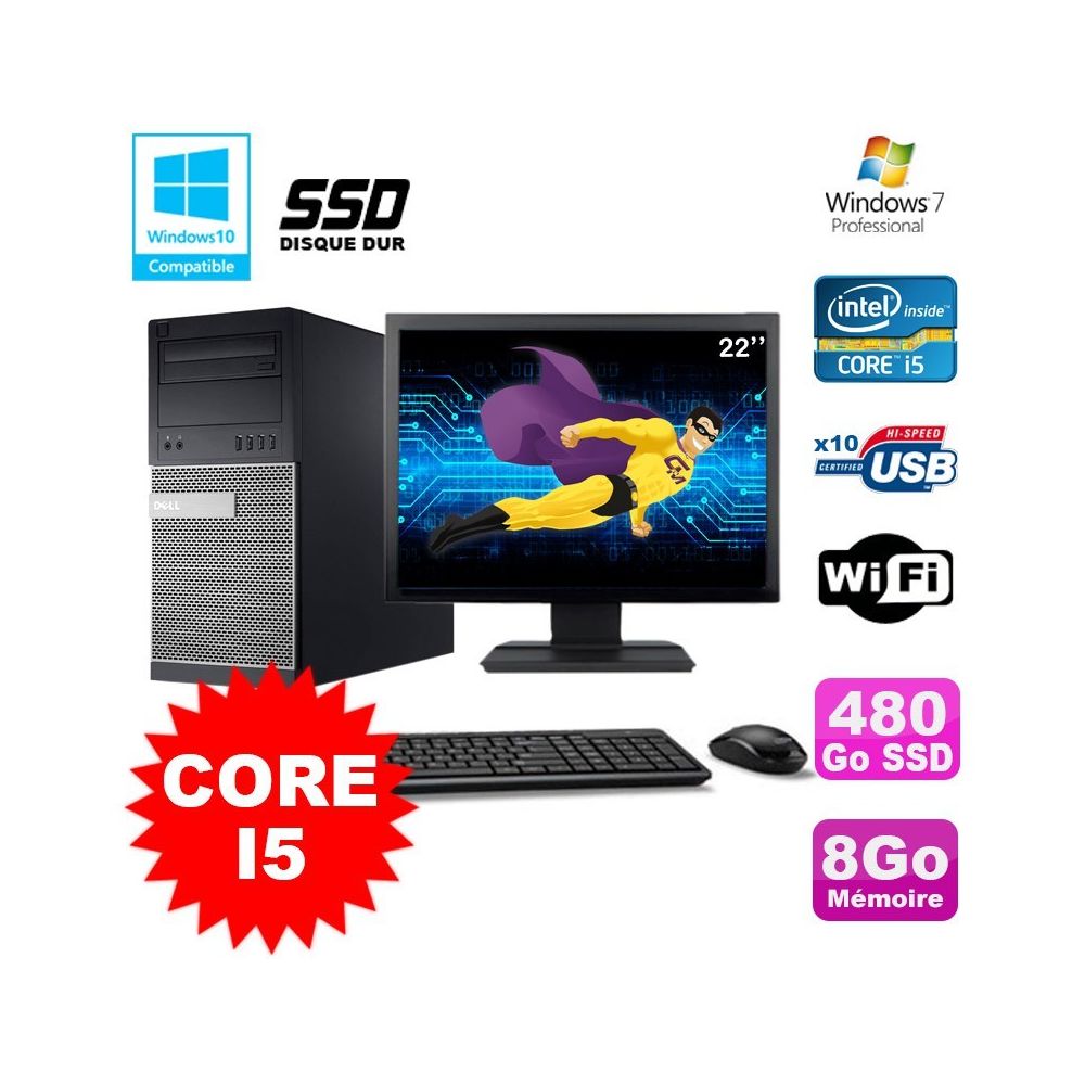 Dell - Lot PC Tour Dell 790 Core I5 3.1Ghz 8Go 480Go SSD DVD WIFI Win 7 + Ecran 22"" - PC Fixe
