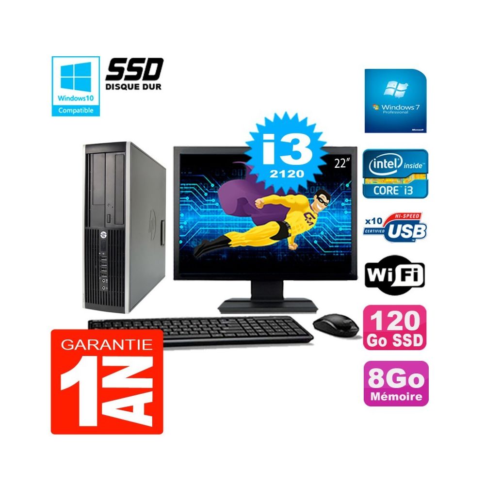Hp - PC HP Compaq 8200 SFF Ecran 22"""" Core I3-2120 RAM 8Go Disque 120 Go SSD Wifi W7 - PC Fixe