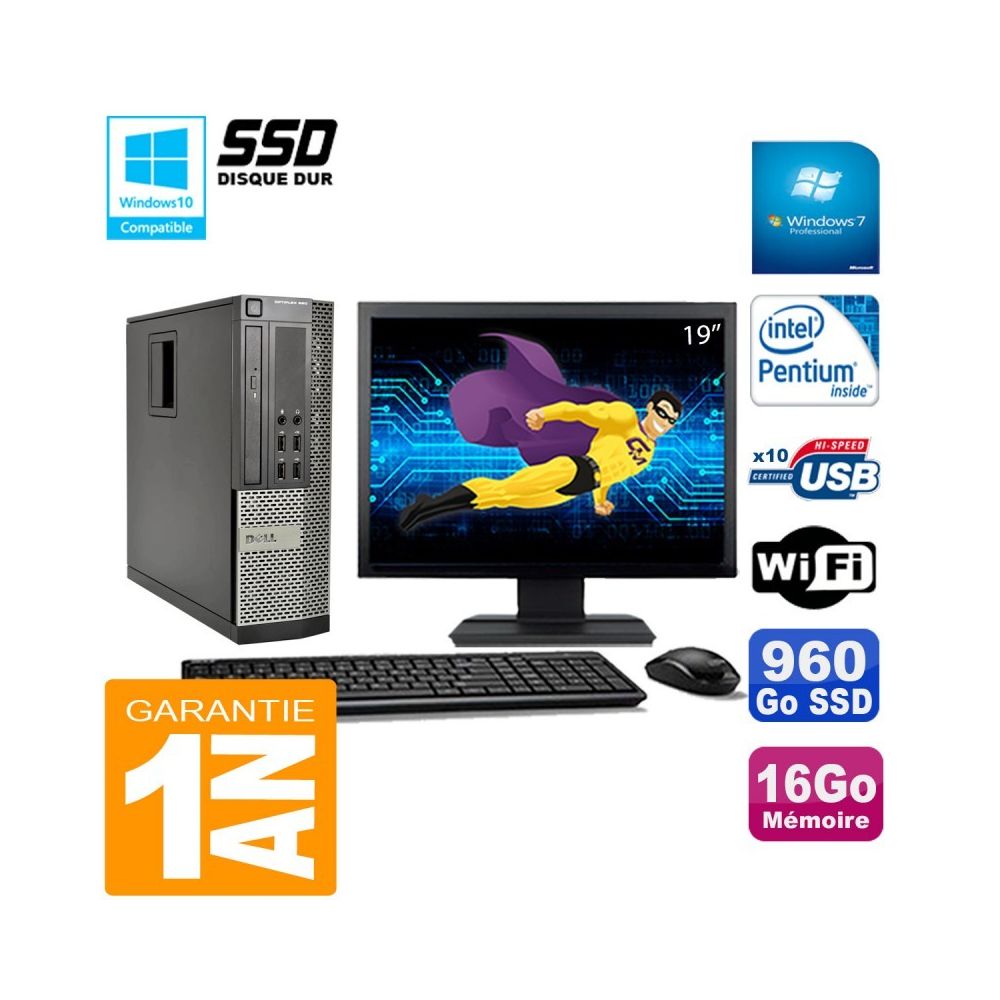Dell - PC DELL 990 SFF Intel G840 Ram 16Go Disque 960Go SSD Graveur Wifi W7 Ecran 19"" - PC Fixe