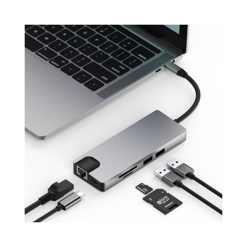 Wewoo - HUB basix TW9R 9 en 1 USB-C / Type-C à 2 USB 3.0 + USB-C / Type-C + HDMI + VGA + RJ45 Adaptateur HUB avec fentes pour carte Micro SD / SD Gris - Hub