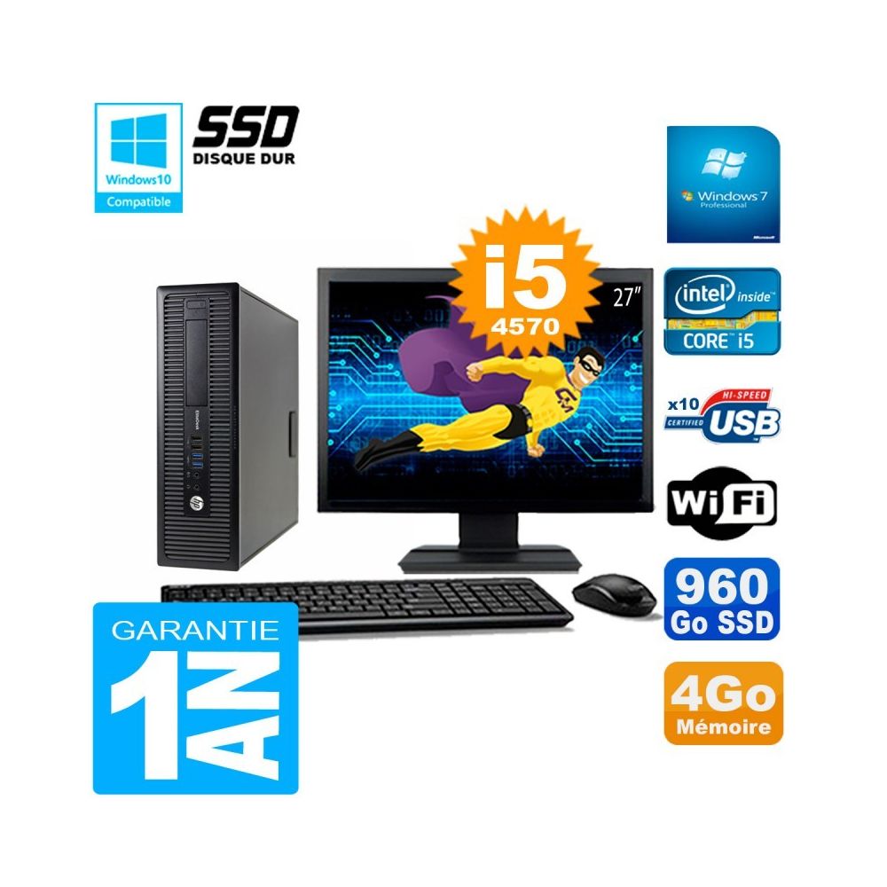 Hp - PC HP EliteDesk 800 G1 SFF Ecran 27"" Core I5-4570 4Go Disque 960 Go SSD Wifi W7 - PC Fixe