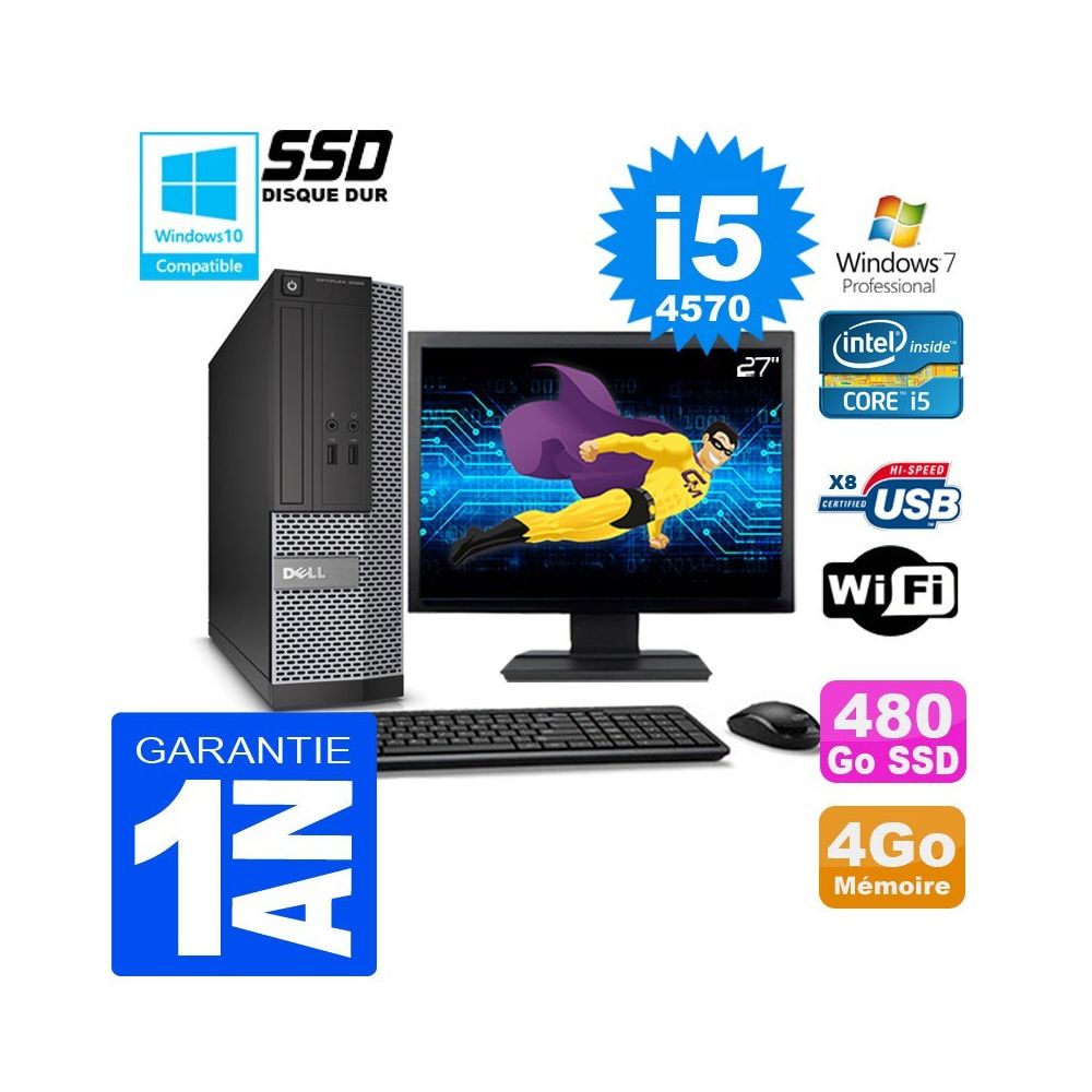 Dell - PC DELL 3020 SFF Core I5-4570 Ram 4Go Disque 480 Go SSD Wifi W7 Ecran 27"""" - PC Fixe