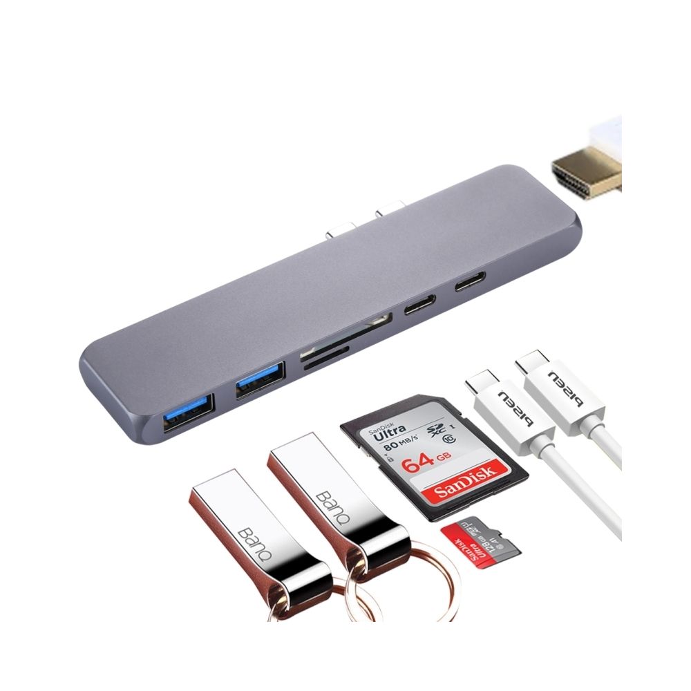 Wewoo - Pour carte SD et fente Hub USB Alliage d'aluminium multifonction double adaptateur USB-C / Type-C avec HDMI femelle 2 ports USB 3.0 2 USB-C / Type-C fente TF - Hub