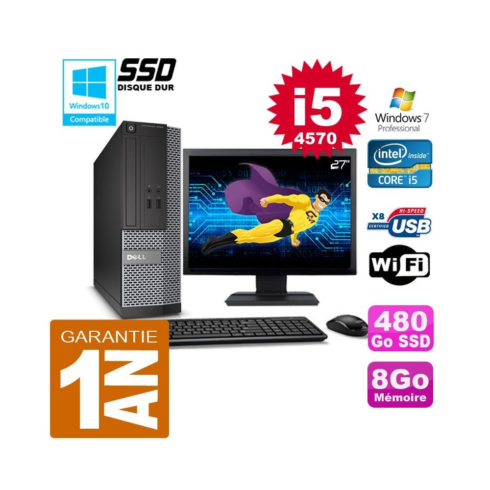 Dell - PC DELL 3020 SFF Core I5-4570 Ram 8Go Disque 480 Go SSD Wifi W7 Ecran 27"" - PC Fixe