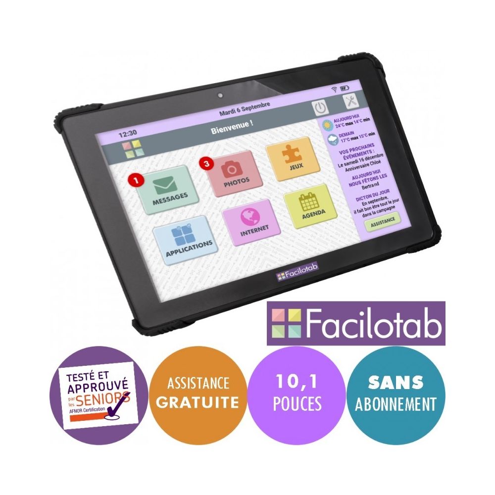 Facilotab - Tablette Facilotab L Onyx 10,1 pouces WiFi/4G - 32 Go - Android 7 (Interface simplifiée pour Seniors) - Tablette Android