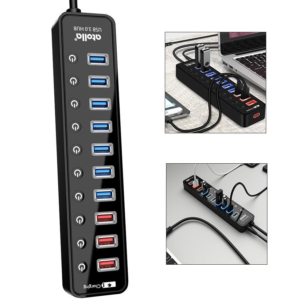 Atolla - Atolla Hub USB 3.0 Multiprise 11 Ports, USB 7-Ports Transfert de données 5Gbps + 4-Ports Charge Intelligente avec des commutateurs et des LEDs d'alimentation individuels et Adaptateur 12V/4A(210) - Hub
