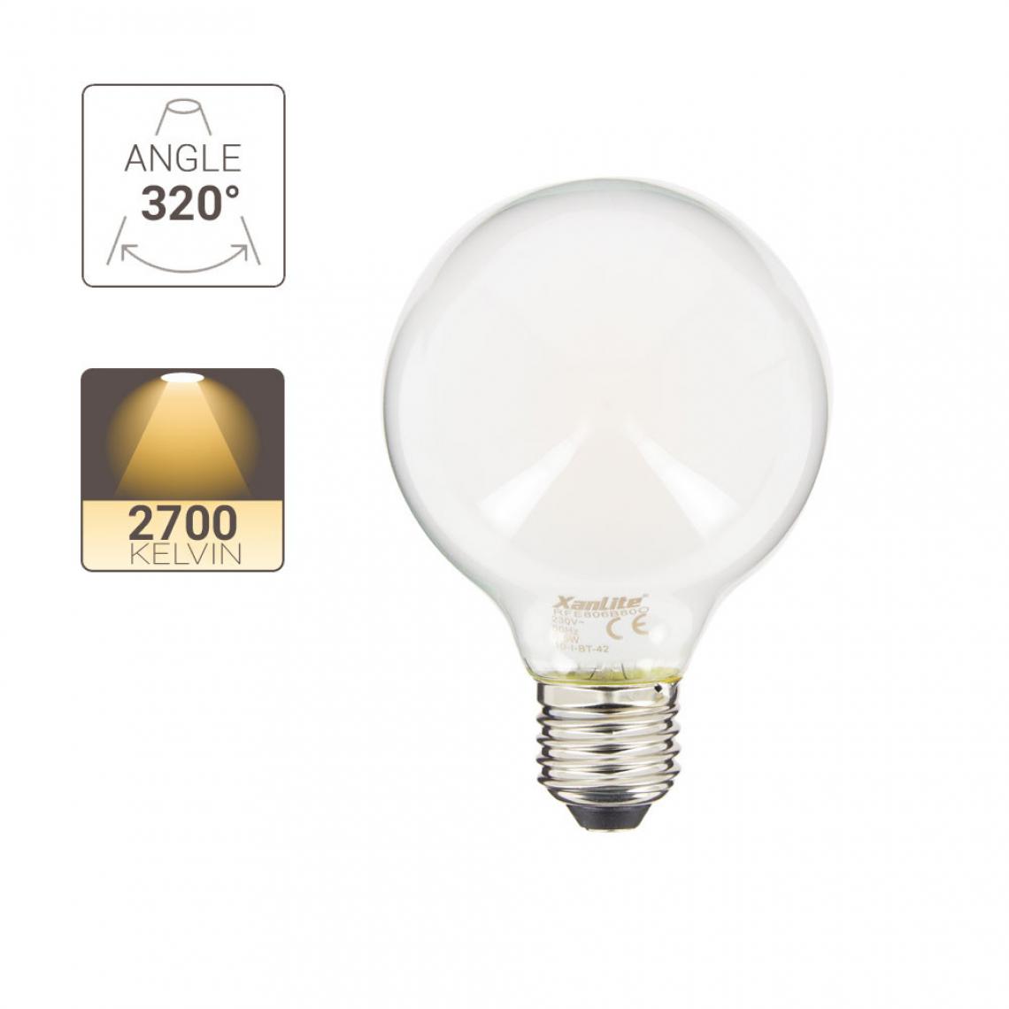 Xanlite - Ampoule LED G80 Opaque, culot E27, conso. 6,5W, 806 Lumens, Blanc chaud - Ampoules LED