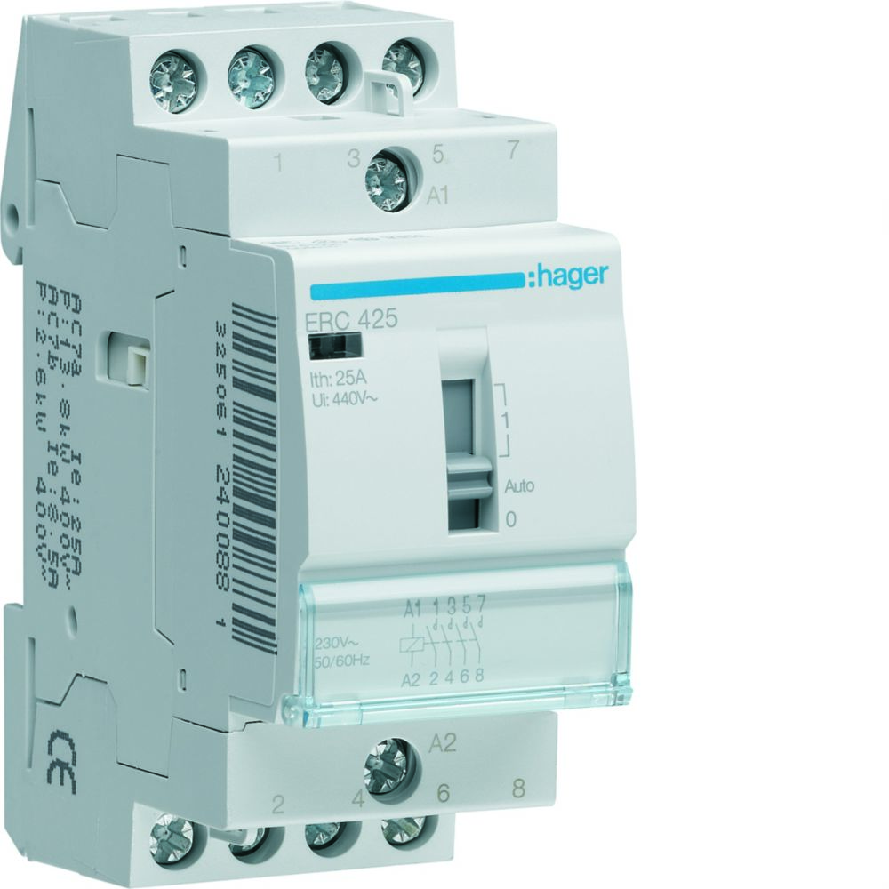 Hager - contacteur modulaire tertiaire - commande manuelle - 25a - 4 contacts nf - 230v - hager erc425 - Télérupteurs, minuteries et horloges