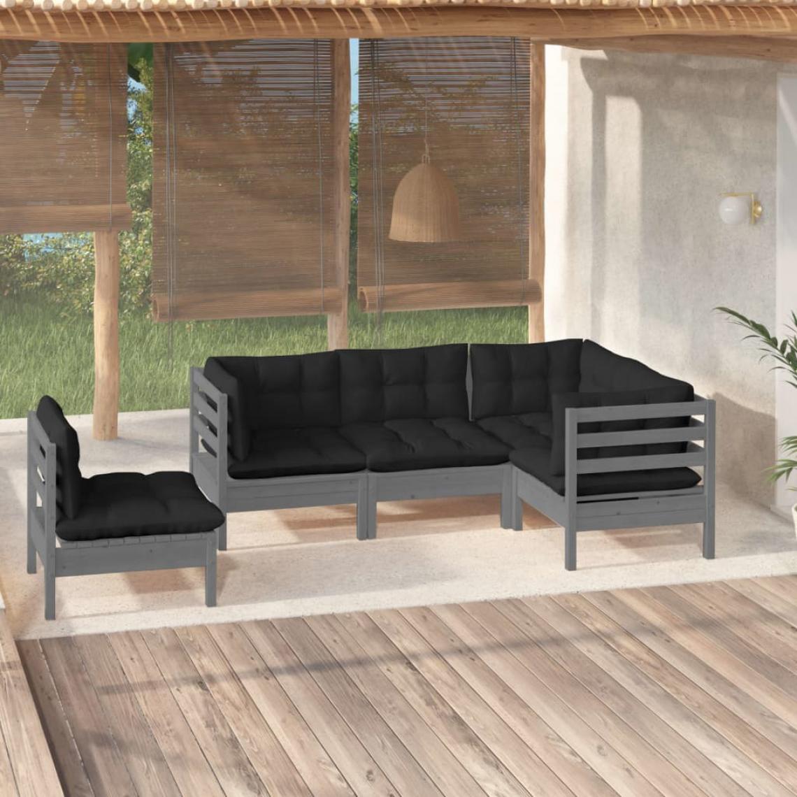 Vidaxl - vidaXL Salon de jardin 5 pcs avec coussins Gris Bois de pin - Ensembles canapés et fauteuils